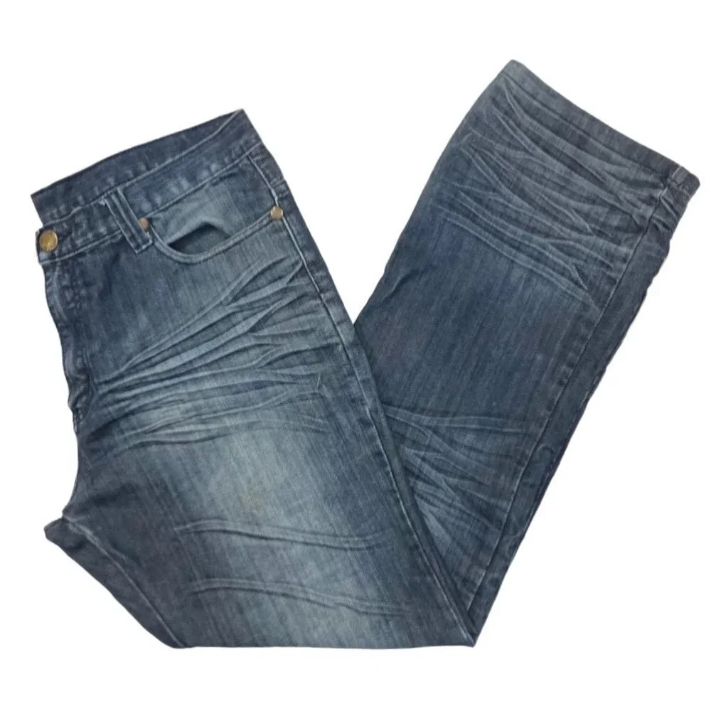 INDIGO 30 Men's Dark Denim Whiskered Jeans 36x34 Flaps Embroidery Bootcut EUC‎